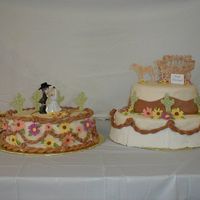 Western Wedding Cake First (and LAST) time covering a cake with rolled buttercream. Fondant ropes and gumpaste flowers and cacti. Gumpaste horse and stagecoach...