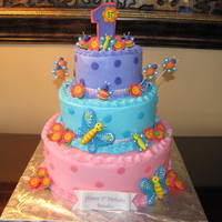 Hugs N Stitches First Birthday Hugs N Stitches cake to match party supplies. Iced in buttercream, fondant decorations. Bottom cake is fake.