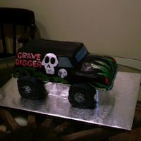 Gravedigger this is sheet cake with a loaf pan on top carved in the truck shape iced in bc with fondant accents. got the idea from the other...