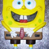 Sponge Bob I used a 1/2 sheet yellow cake and carved the shape. The body is covered in buttercream. The pants, arms, and legs are fondant. I used an...