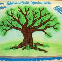 Family Tree 1/2 sheet cake covered in butter cream. i packed three shades of brown into the icing bag and made the tree and roots. the rest was colored...