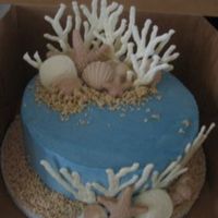 Seashells1.jpg Chocolate cake with buttercream icing, piped chocolate coral, molded chocolate seashells, and malted milk crunch sand.