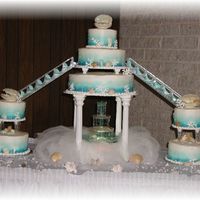 Sea Life Bride's wedding theme was sea life. Cake was airbrushed; shells, etc. are white chocolate. Topper is also made from a large shell mold...