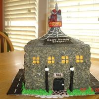 Spiderman This cake was for my 4yo son's birthday. He is a big spiderman fan. 4 8x8 layers. Walls are rice krispy treats molded and cut to size...