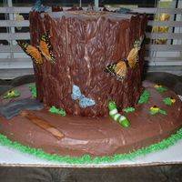 Stump Cake choolate stump cake for a friends daughters wedding...the bark is dark and regular chocolate meltaways... the axe and caterpillar are candy...