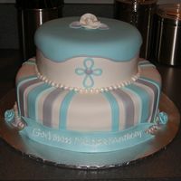 Baby Boy Christening White Almond Sour Cream filled with Chocolate Buttercream and covered in Fondant. Design provided by the proud Mom. This was one off those...