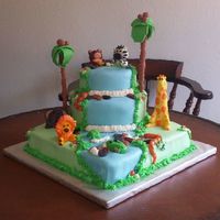 Jungle Cake This was my first time using fondant. I used MMF to mold the animals, palm trees, rocks, and for the waterfall. Bottom tier was 12"...