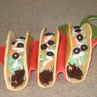 Tacos Made these tacos for a Cinco de Mayo party. Shell is chocolate molding clay, meat is cupcakes, lettuce is coconut with food coloring,...