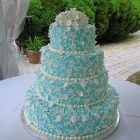 Tiffany Blue Blue buttercream icing with white fondant leaves.