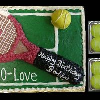 40-Love Made for a tennis lover. Racquet decorated to look like the one he plays with. Balls are cupcakes. Sheet cake striped like a court surface...