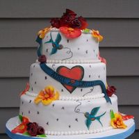 Tattoo Themed Cake White cake with raspberry filling wrapped in MMF. The birds and the hearts I drew up on paper and then used colored pencils. I took the...