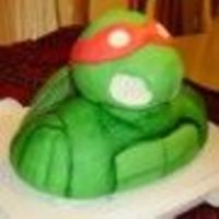Teenage Mutant Ninja Turtle Fondant covered, cake bust, rice crispy treat head. Bust was made with 10X10 square pan, sliced in half and stacked. The shell is an 8&quot...