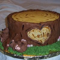 Tree Stump Cake Tree stump cake with little bears. Bears are fondant cake is double chocolate with rich chocolate bc icing handpainted the line on top and...