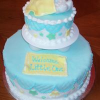 Selinas Baby Shower Cakes are decorated with buttercream and toped with MMF. Decorations are also made with MMF.