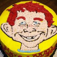 Alfred E. Neuman From Mad Magazine This was an 8" yellow butter cake with fluffy vanilla bean buttercream. It was made for a 13 year old boy who was obsessed with MAD...