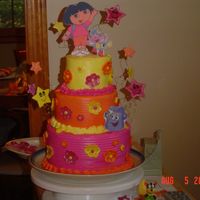 Dora Cake Frosted With Buttercream, Edible Image Plaques, Fondant Flowers, And Gumpaste Stars Dora cake that I made for a litttle girl I take care of. I'm really happy with how it turned out.
