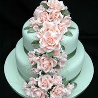 Peachy Green Wedding Cake This is the first two tiers of a wedding cake, which also has an identical cake, minus the roses and ribbon as a cutting cake, because the...
