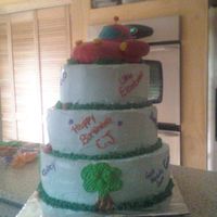 Little Enstines i did this cake awhile ago. it was really fun with all the colors and the treese. plus i loved to do rocket!! he is all rice crispies and...