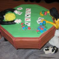 Poker As A Metaphor? Groom's cake for my friends. Fondant/gumpaste mix for the figures, gumpaste chips and cards. I'm so happy that this cake made it...