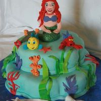 Little Mermaid-Esque Mermaid, fish and lobster are fondant.. The cake is all decorated in fondant with fondant accents..