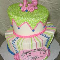 Whimsical Birthday Cake 8,9 and 5,6 rounds carved slanted/tilted, all buttercream. fondant '13', roses, and plaque.