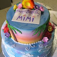 Hawaiin Theme Birthday Cake gumpaste '8', airbrushed 'sunset' design, piped buttercream palm trees. airbrushed background 'hawaiin shirt'...