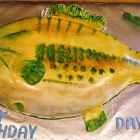 Fish Cake Marble cake with fondant covering. Carved into the shape of a fish. Airbrushed and hand painted details. I also added a gumpaste fish and...