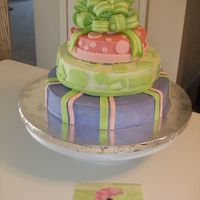 Baby Shower Cake Cake designed to match the shower decorations (napkin in the bottom of the photo). All buttercream with mmf accents and homemade mmf bow....