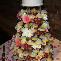 Floral Cupcake Display This was my first cake since taking a cake decorating course. It was really, really hard work to do 100 cupcakes! The top cake is not too...