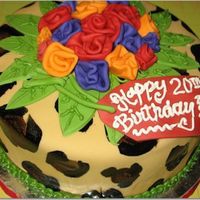 Leopard Birthday Cake Fondant covered cake. Painted leopard spots. Fondant ribbon roses. Royal icing accents.