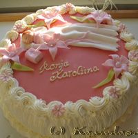 Christening Cake This is one of the christening cakes I have made. The top of it is marzipan and so is all the flowers and baby. The borders are whipped...