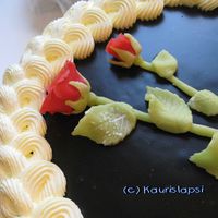 Liquorice Fudge Cake The fudge on top of the cake is cooked from liquorice candy (180 g) and cream (2 desilitres) in saucepan until it thickens.Borders are...