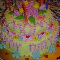 Mom's 60Th B'day The lower cake was white chocolate and the upper was cinnamon ginger. Frosted in buttercream and the flowers and roses were MMF. Thanks for...