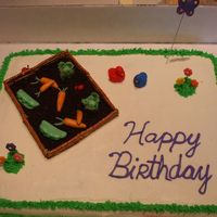 Dscf4018.jpg Spring birthday cake for family member. Buttercream with candy used for veggies. Fondant ladybugs, flowers, and birds. Used cupcake book as...