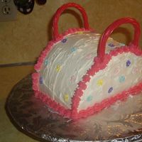 First Purse Cake This was my first attempt to make a 3D purse cake. It is a vanilla cake with b/s icing. - Twizzlers were used for the handles.