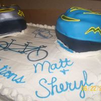 Sheryl & Matt's Tandem Bike Cake full sheet (2- 11x15's) half white, half choc. Helmets are 7"ovals stacked on carved 6"rounds to get the angle. Thanks for...