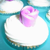 Flower Cupcake WASC cupcakes (I made 3 dozen) for a coworker's daughter's wedding shower. The rose is fondant (learned this from watching Duff...