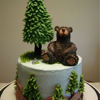 His Favorite Spot I used tip #1D to pipe the hills on the side and #352 to make the pines. Fondant is the foundation for the bear and royal icing was applied...