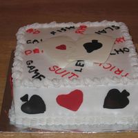 Bridge Club Cake made for someone's bridge club. Orange cake & orange buttercream icing. Cards & heart/spade made out of chocolate. One of...