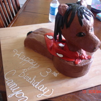 Horse WASC and Chocolate Fudge Cake. Buttercream Icing. MMF Bandana with Buttercream designs. The head is a styrofoam wig head...not edible. For...