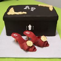 Shoes my first attempt at shoes and box. Shoes are gumpaste, with fondant broach? Box is choc fondant tinted black. AP was for birthday gal'...