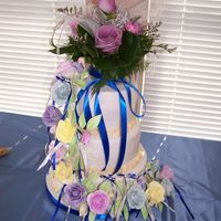 Sister-In-Law's Wedding Cake 6", 8", 10" white chocolate cake with raspberry mousse filling. Iced in buttercream with candy seashell borders. The topper...