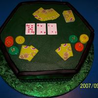 Texas Hold Em Originally a 12" round cut into a hexagon. The cake was chocolate fudge with peanut butter filling (and REALLY yummy!). Iced in...