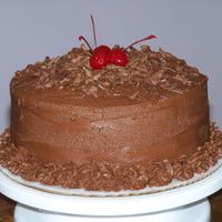 Chocolate Cake Chocolate cake layers with chocolate frosting and chocolate curls.