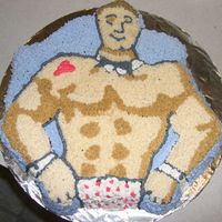Hunk my best friend and i made this the other weekend. we used the old super hero/comic pan. chocolate cake with the buttercream dream frosting...