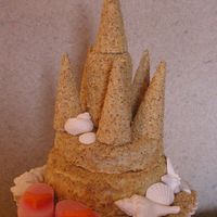 Round Sandcastle The bottom layer was a 9inch 3inch deep round topped with a 8inch round. The top is a cylinder of cake from a soup can and 6 ice cream...
