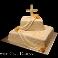 Baptism Cake Fondant covered cake (14 inch and 8 inch) with gumpaste cross and roses. Thank you to sharonssugarshack.com for the original.