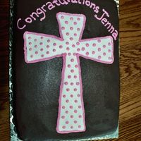 First Communion Cake Chocolate cake/carmel cake w/ carmel filling and chocolate frosting. First communion cake