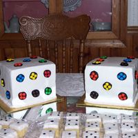 Dice Cakes And Cake Squares For 25Th Anniversary Bunko Party Couple plays bunko all the time daughters had the whole party decorated in dice. Dad is a M&M addict so I was ask to incorporate them...