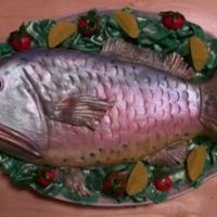 Husband's Birthday Cake (Avid Fisherman) chocolate chip pound cake, chocolate pudding filling, whipped chocolate icing cover in marshmellow fondant